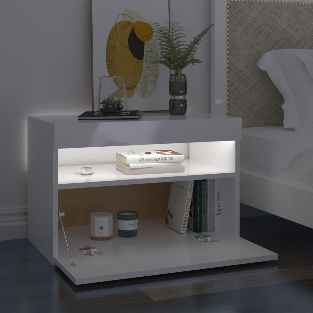 Sängbord med LED-belysning 2 st vit högglans 60x35x40 cm