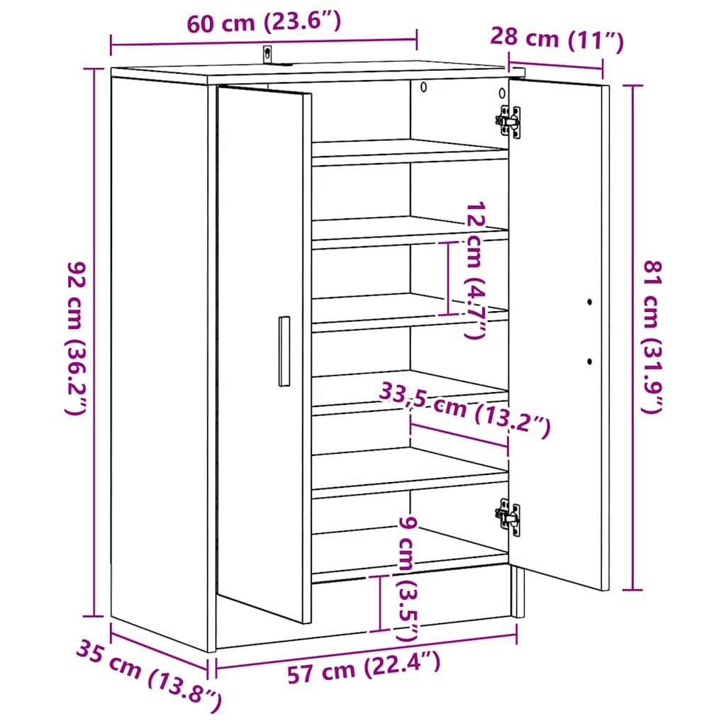 Skoskåp sonoma-ek 60x35x92 cm konstruerat trä