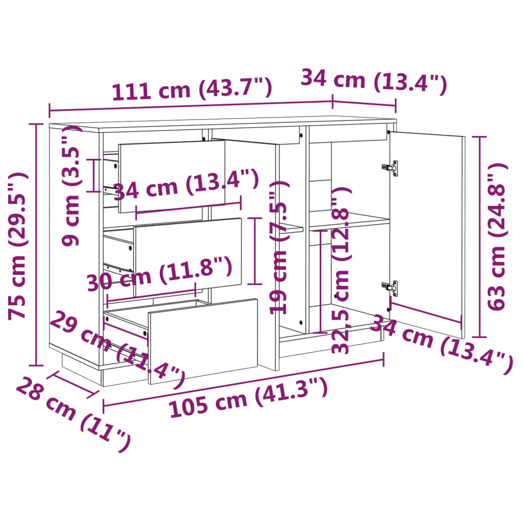 Skänk Vit 111x34x75 cm massiv furu