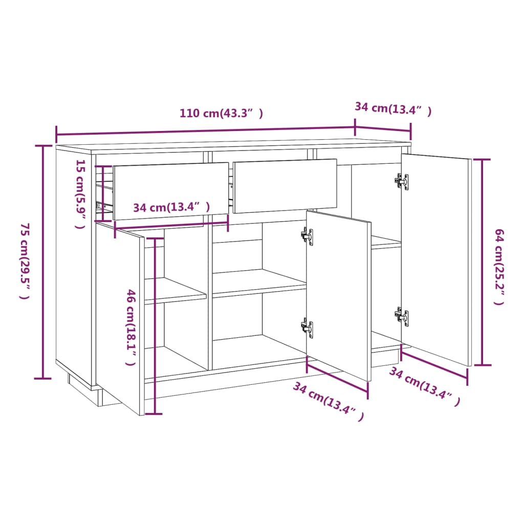 Skänk Vit 110x34x75 cm massiv furu