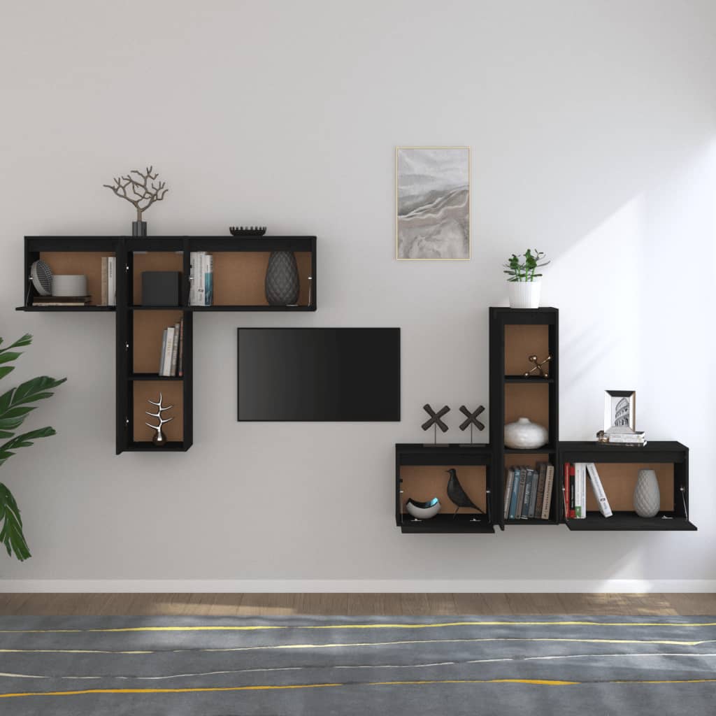 XXXXX Tv-bänk 6 st svart massiv furu
