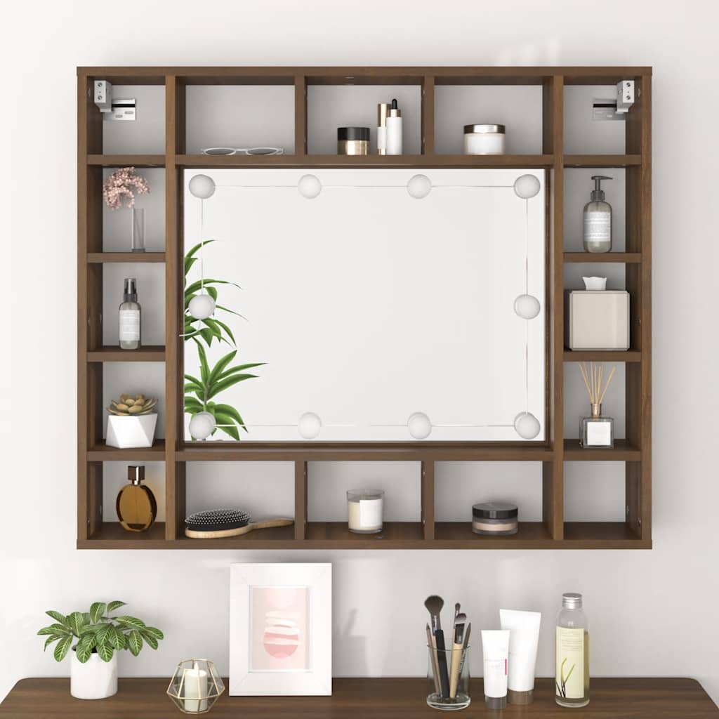 Badrumsspegel Spegelskåp LED Brun Ek 91x15x76,5 cm