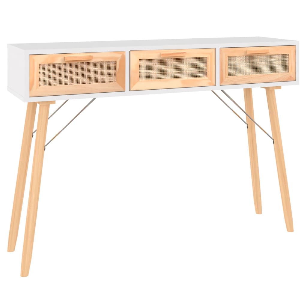 Avlastningsbord Konsollbord Vit 105x30x75 cm massiv furu och naturlig rotting