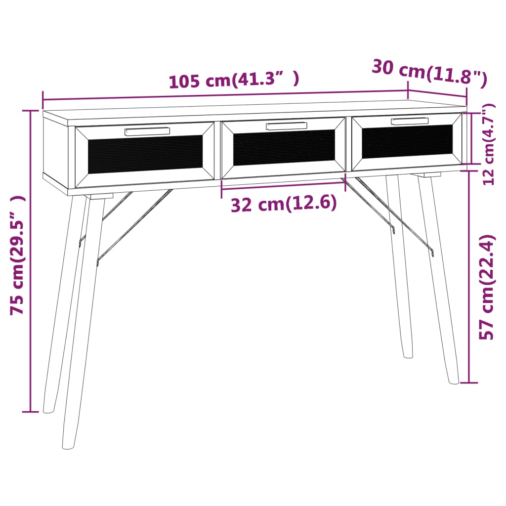 Avlastningsbord Konsollbord Svart 105x30x75 cm massiv furu och naturlig rotting