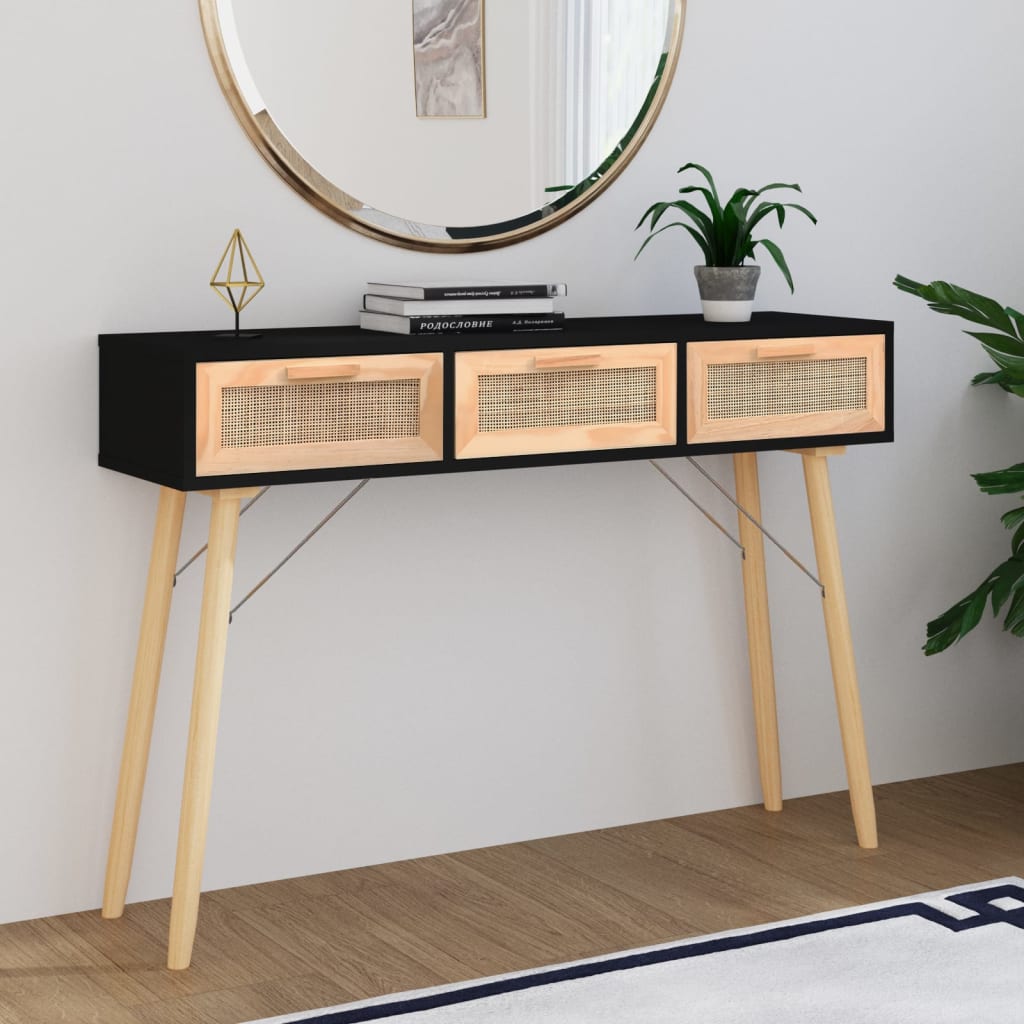 Avlastningsbord Konsollbord Svart 105x30x75 cm massiv furu och naturlig rotting