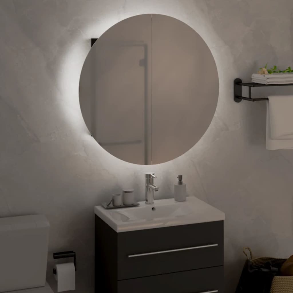 Badrumsspegel Spegelskåp med rund spegel och LED Svart 47x47x17,5 cm
