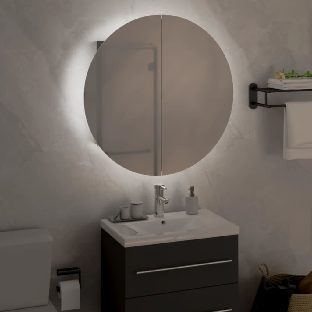 Badrumsspegel Spegelskåp med rund spegel och LED Grå 47x47x17,5 cm