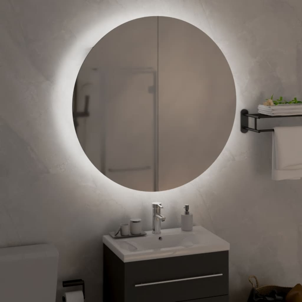 Badrumsspegel Spegelskåp med rund spegel och LED Svart 54x54x17,5 cm