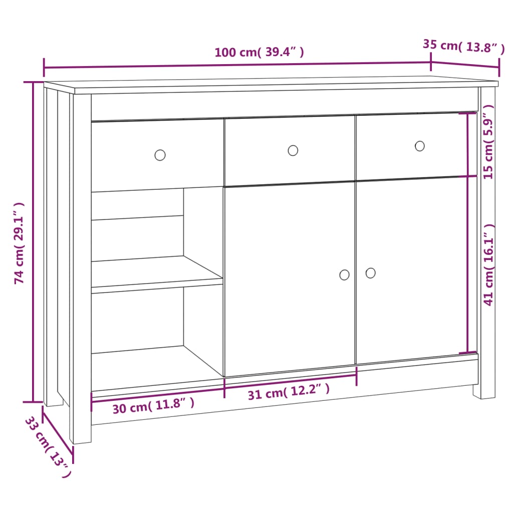 Skänk Vit 100x35x74 cm massiv furu
