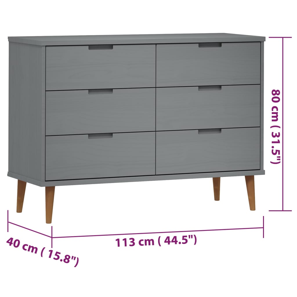 Byrå Grå 113x40x80 cm massivt furuträ