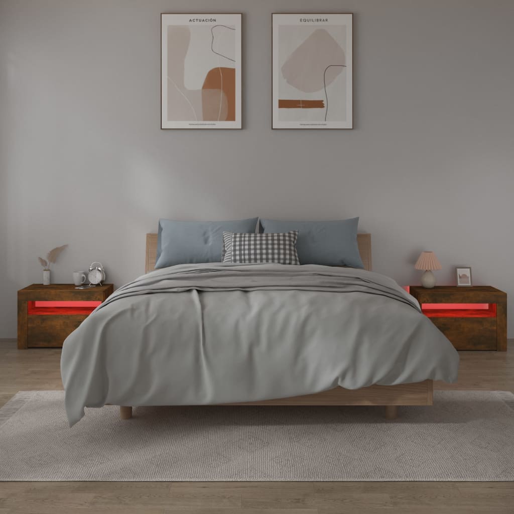 Sängbord 2 st med LED-belysning rökfärgad ek 60x35x40 cm