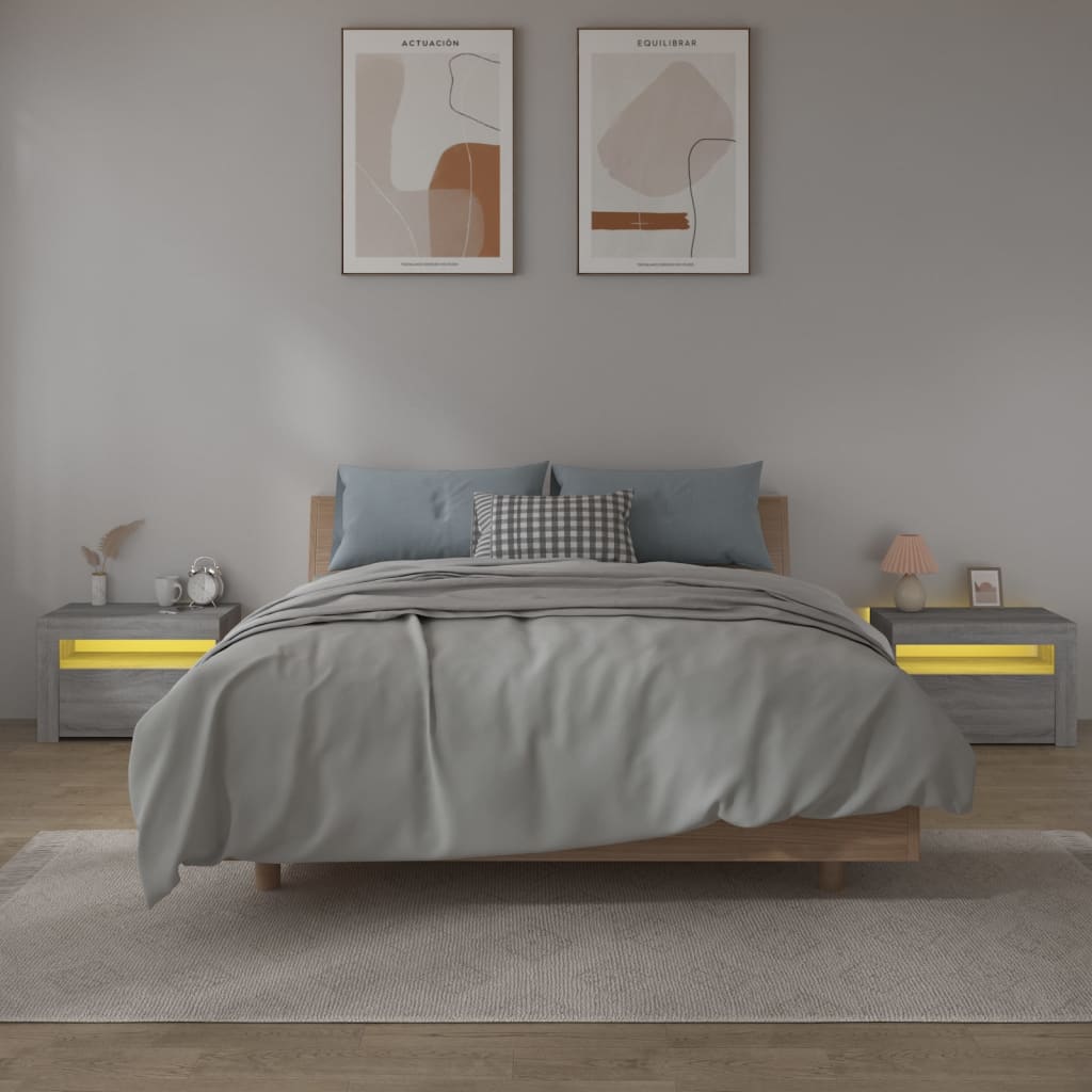 Sängbord 2 st med LED-belysning Grå sonoma 60x35x40 cm