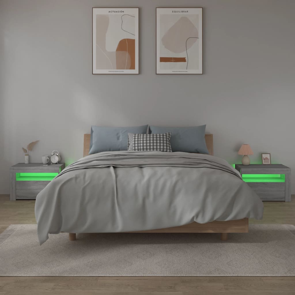 Sängbord 2 st med LED-belysning Grå sonoma 60x35x40 cm