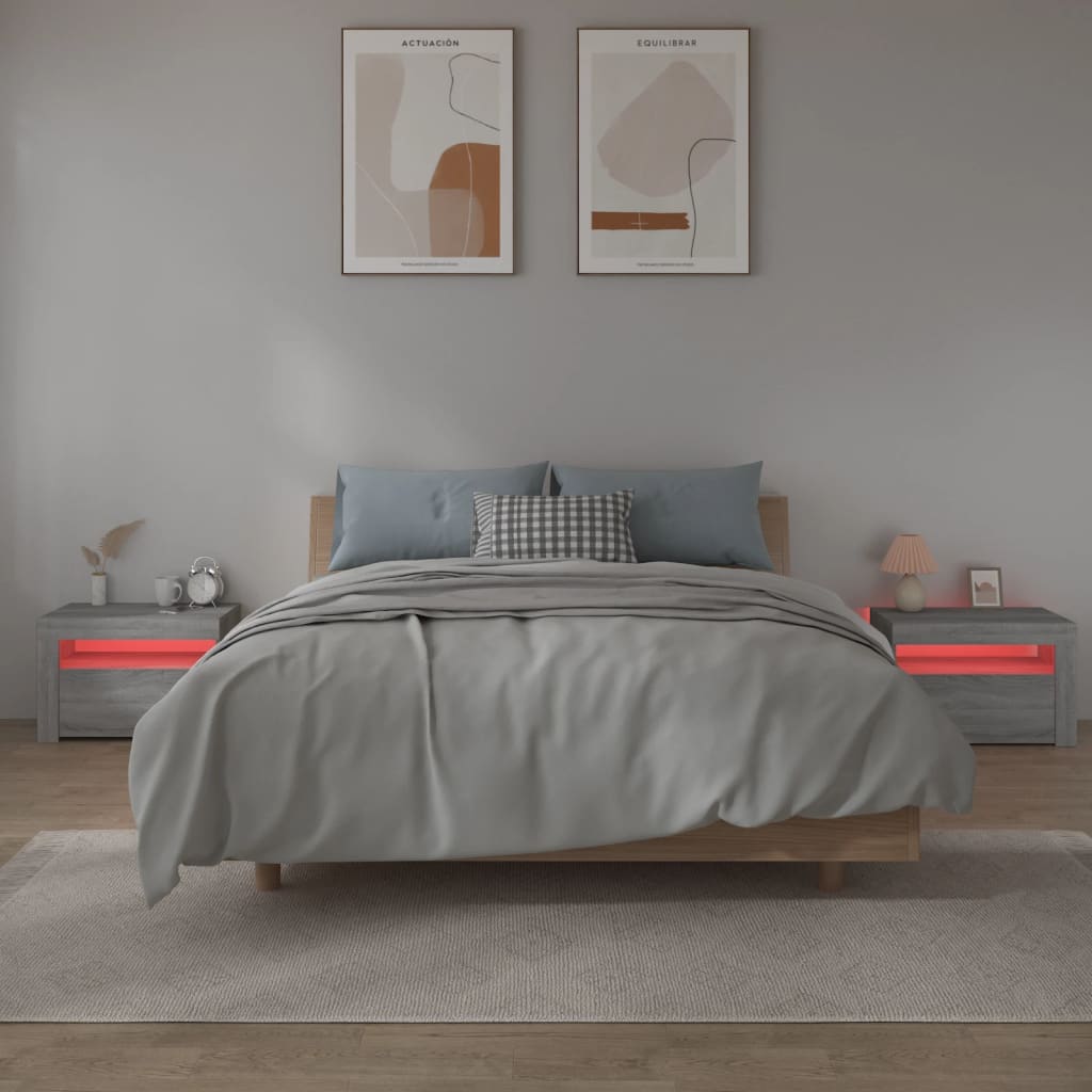 Sängbord 2 st med LED-belysning Grå sonoma 60x35x40 cm
