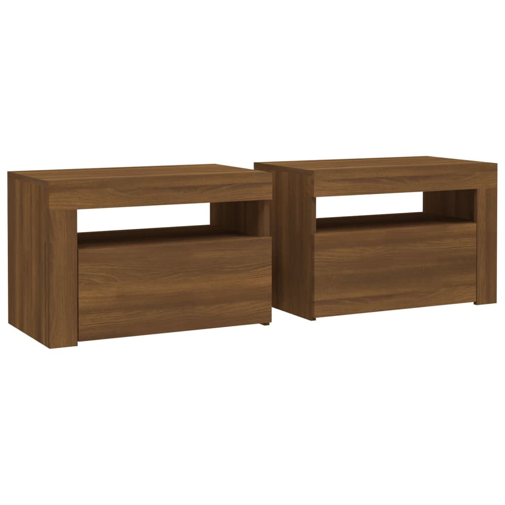 Sängbord 2 st med LED-belysning Brun ek 60x35x40 cm