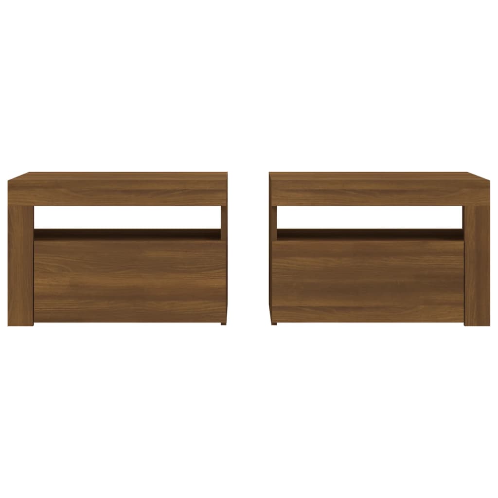 Sängbord 2 st med LED-belysning Brun ek 60x35x40 cm