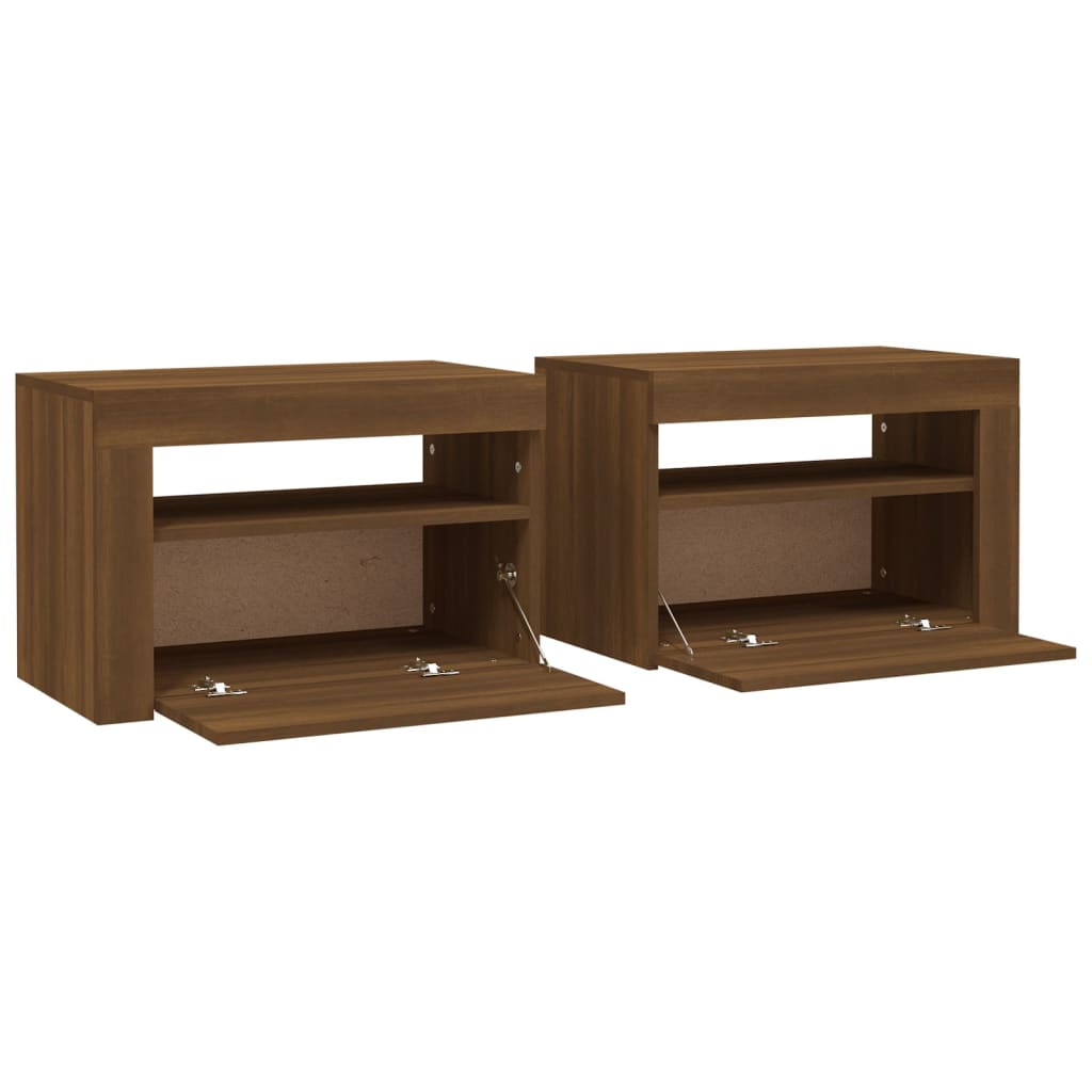 Sängbord 2 st med LED-belysning Brun ek 60x35x40 cm