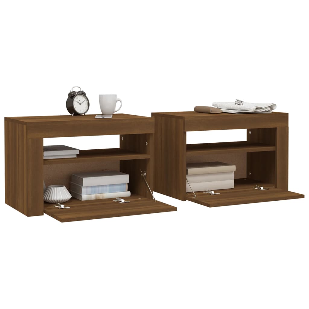 Sängbord 2 st med LED-belysning Brun ek 60x35x40 cm