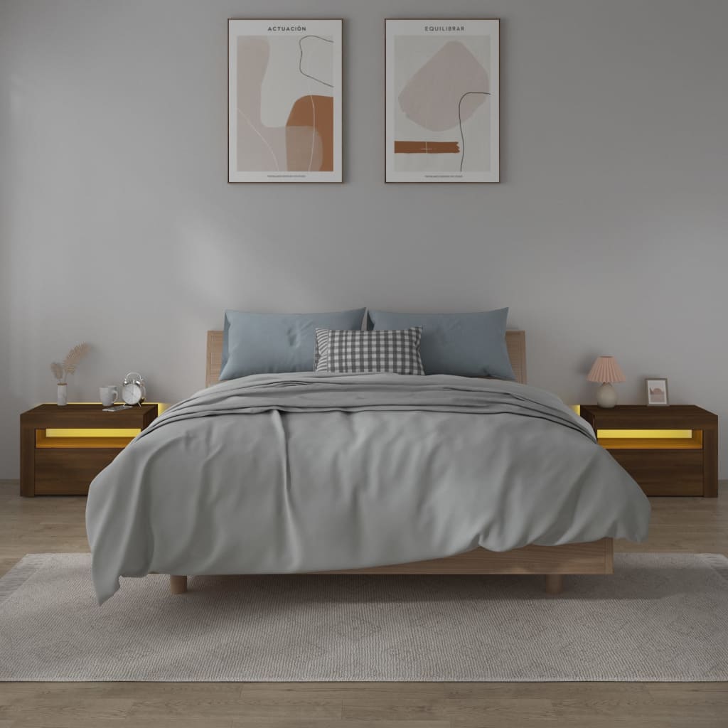 Sängbord 2 st med LED-belysning Brun ek 60x35x40 cm