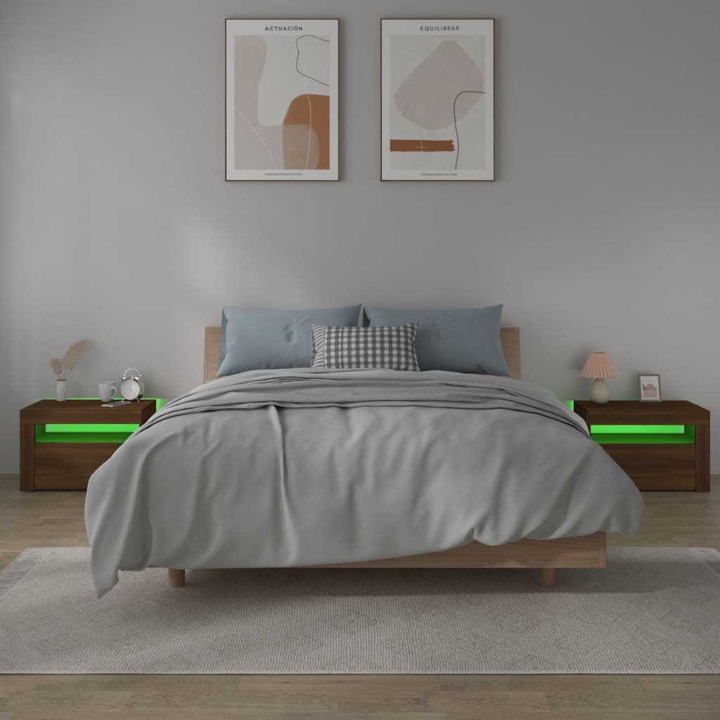 Sängbord 2 st med LED-belysning Brun ek 60x35x40 cm