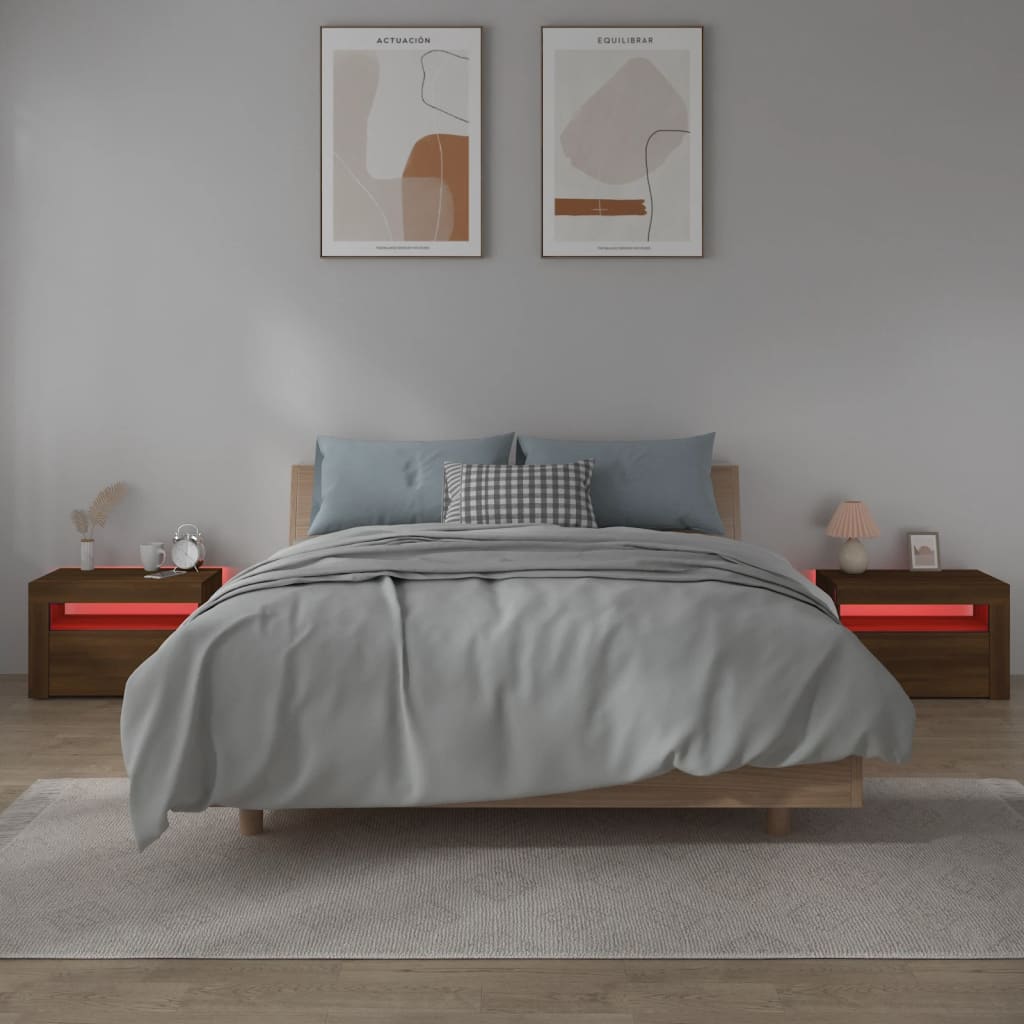 Sängbord 2 st med LED-belysning Brun ek 60x35x40 cm