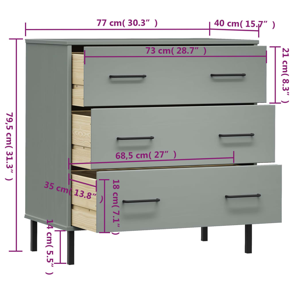Byrå Grå med 3 lådor OSLO 77x40x79,5 cm massivt trä