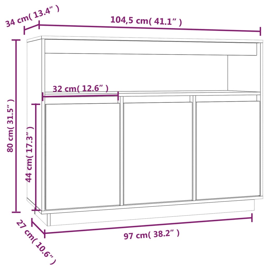Skänk Vit 104,5x34x80 cm massiv furu