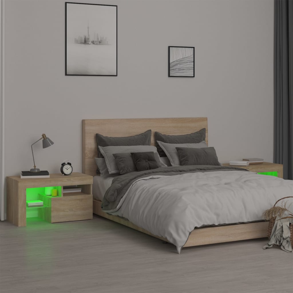 Sängbord med LED 2 st sonoma-ek 70x36,5x40 cm