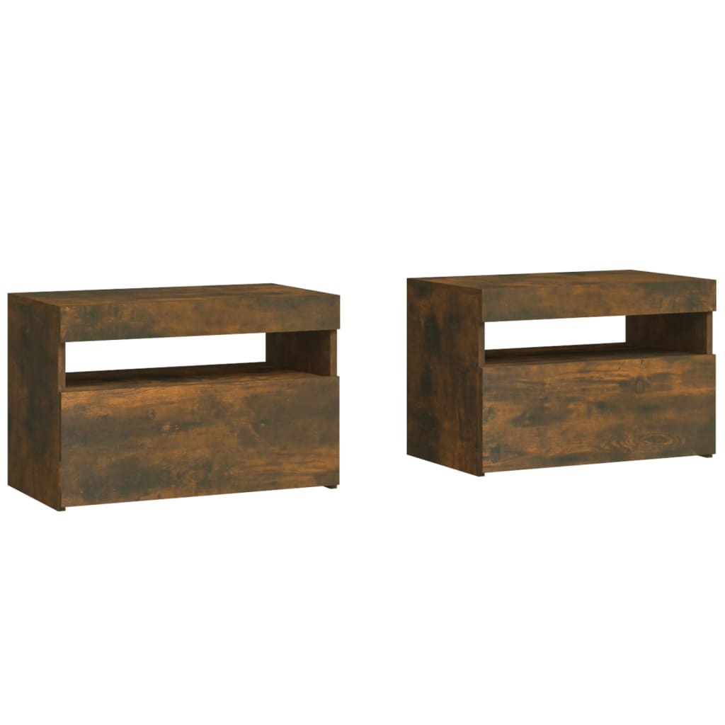 Sängbord 2 st med LED-belysning rökfärgad ek 60x35x40 cm