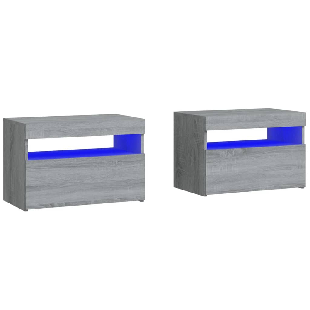 Sängbord 2 st med LED-belysning grå sonoma 60x35x40 cm