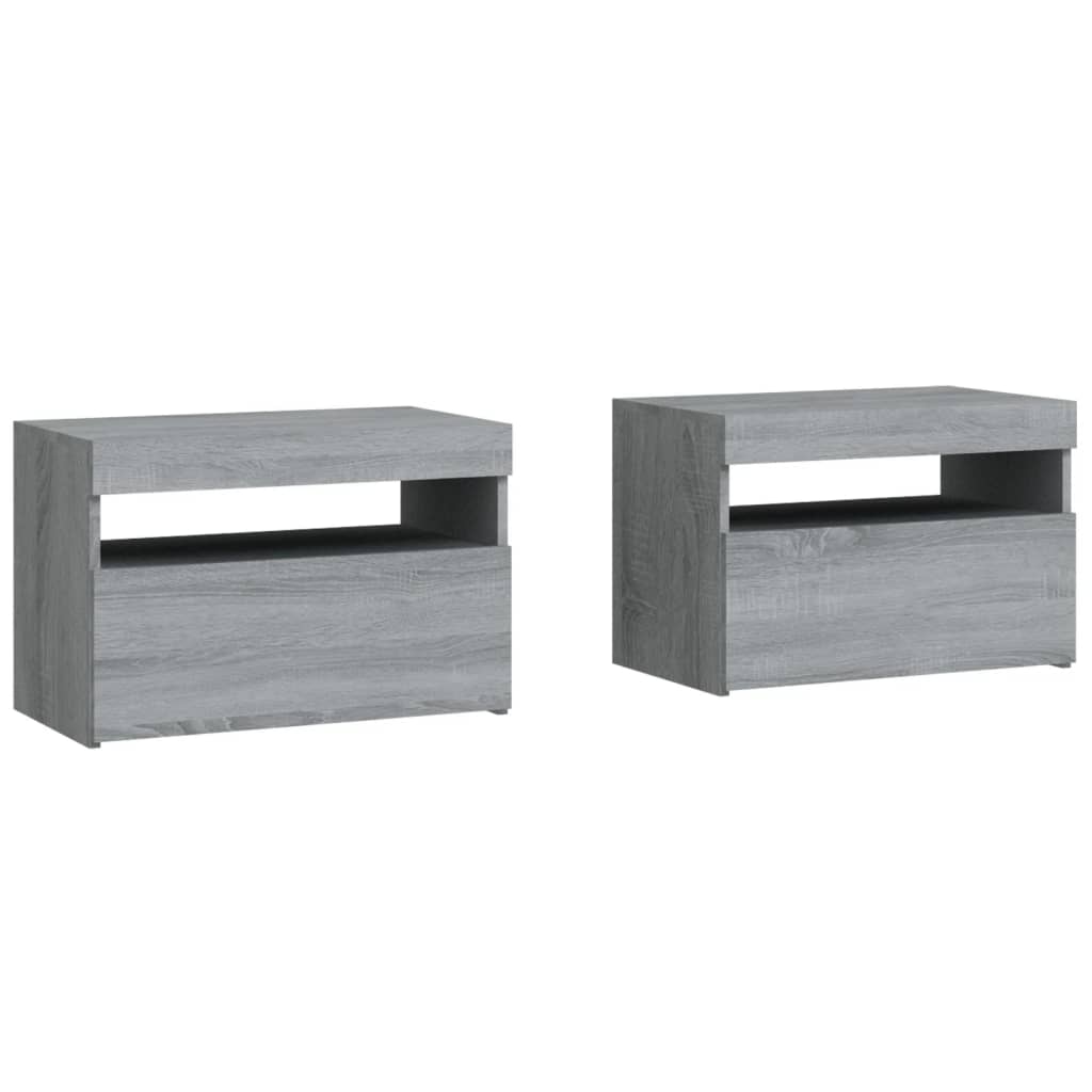 Sängbord 2 st med LED-belysning grå sonoma 60x35x40 cm