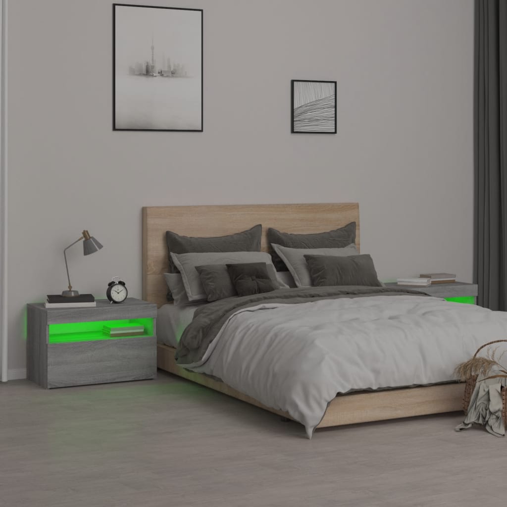 Sängbord 2 st med LED-belysning grå sonoma 60x35x40 cm