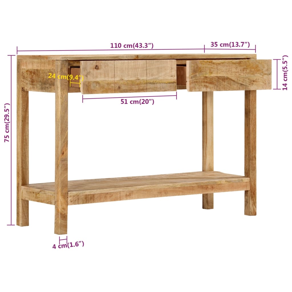 Avlastningsbord med 2 lådor 110x35x75 cm massivt mangoträ