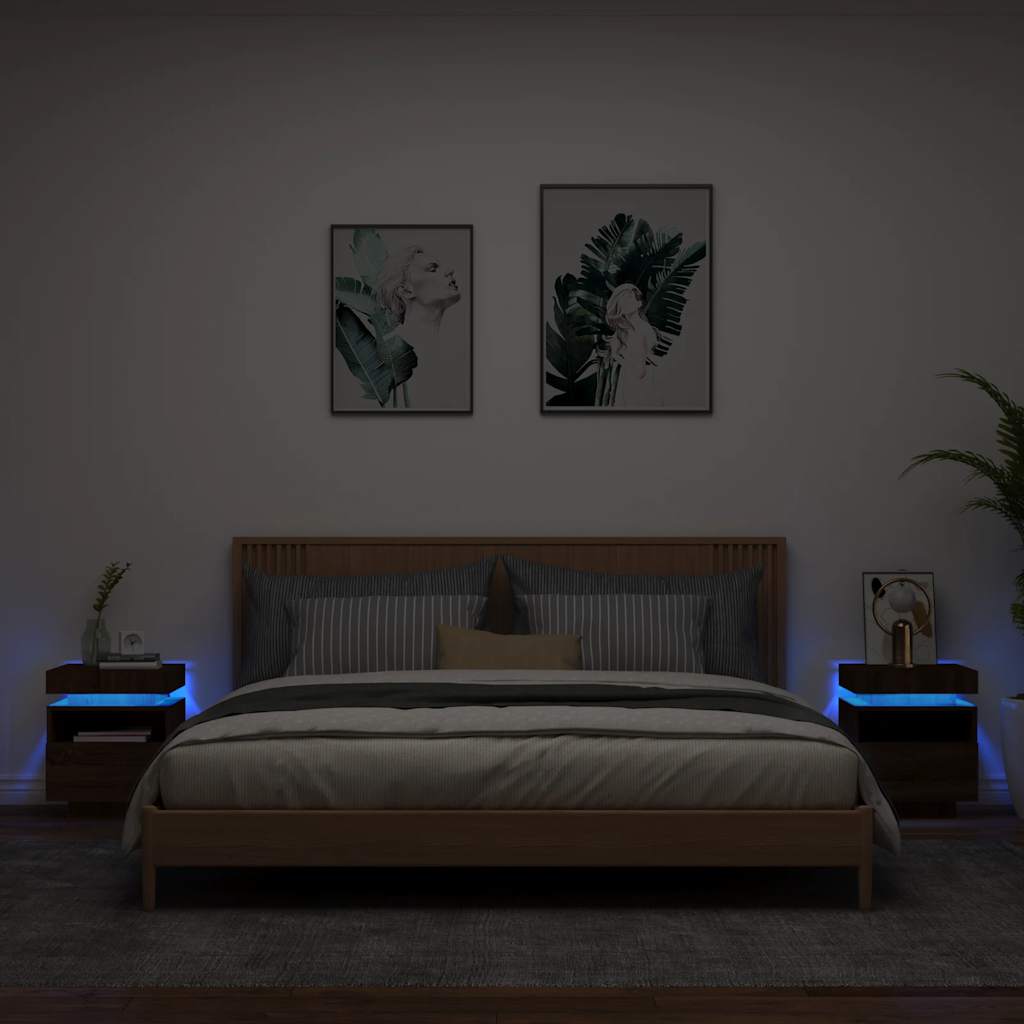 Sängbord med LED-belysning 2 st brun ek 40x39x48,5 cm