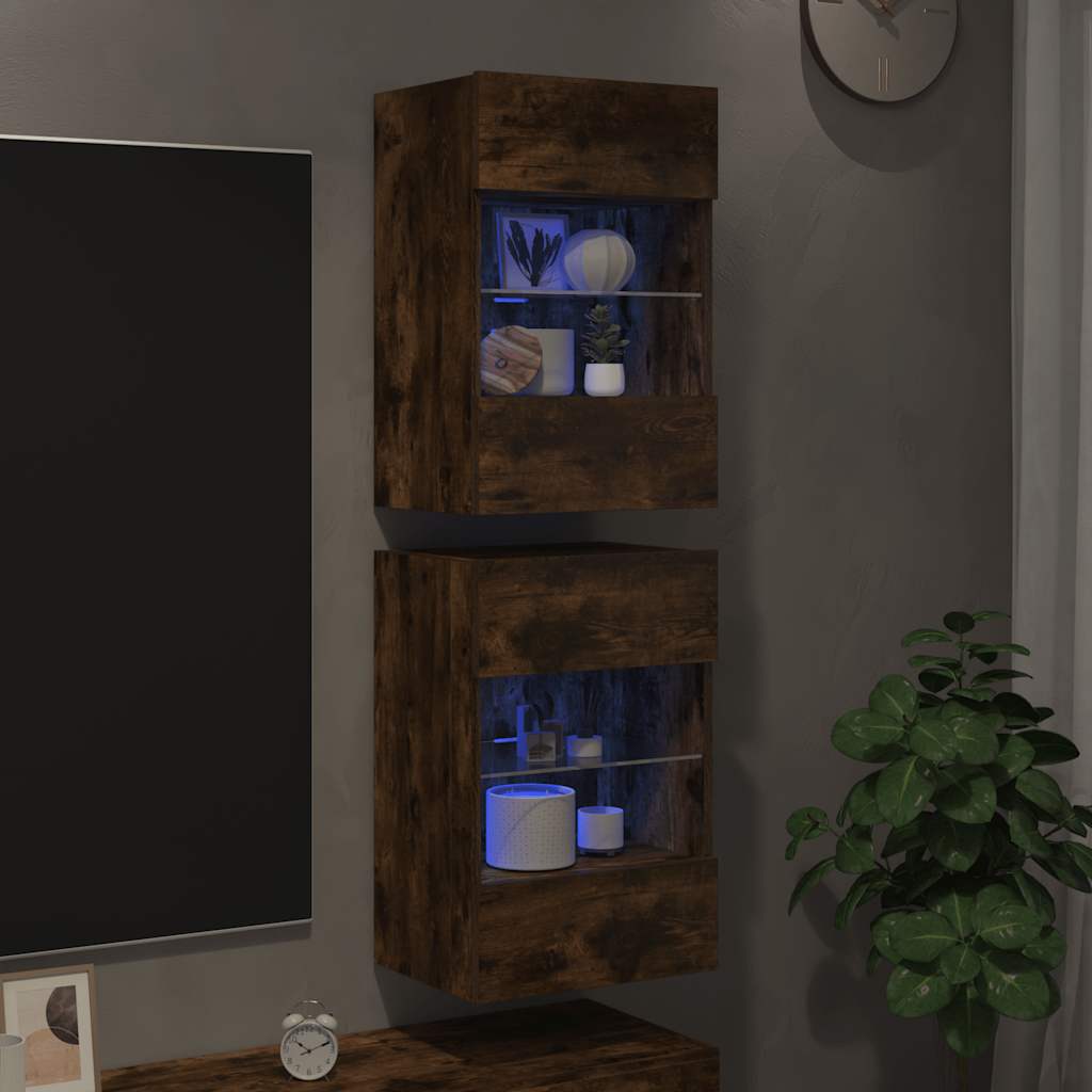 Nástenné skrinky s LED osvetlením pre TV 2 st rökfärgad ek 40x30x60,5 cm