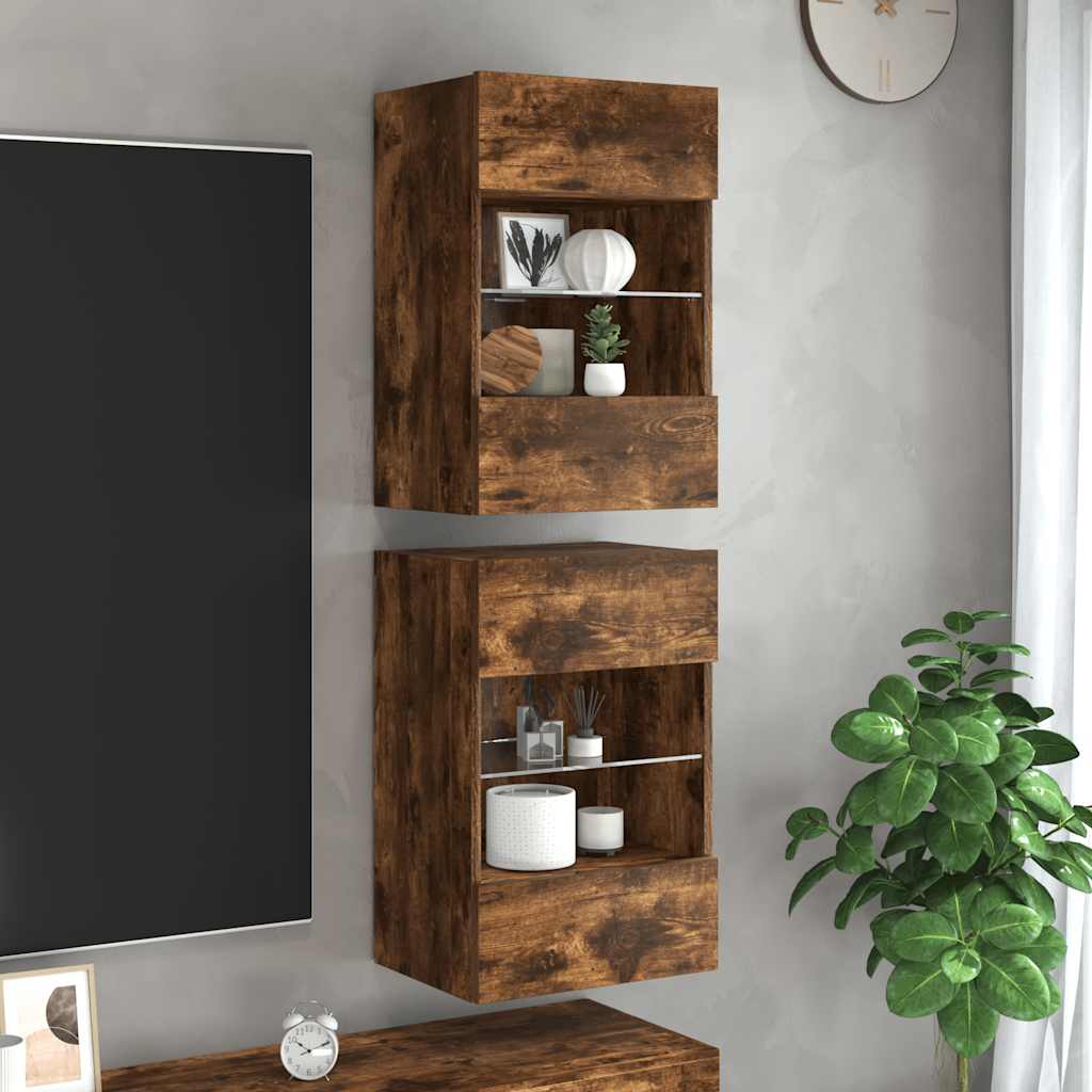 Nástenné skrinky s LED osvetlením pre TV 2 st rökfärgad ek 40x30x60,5 cm