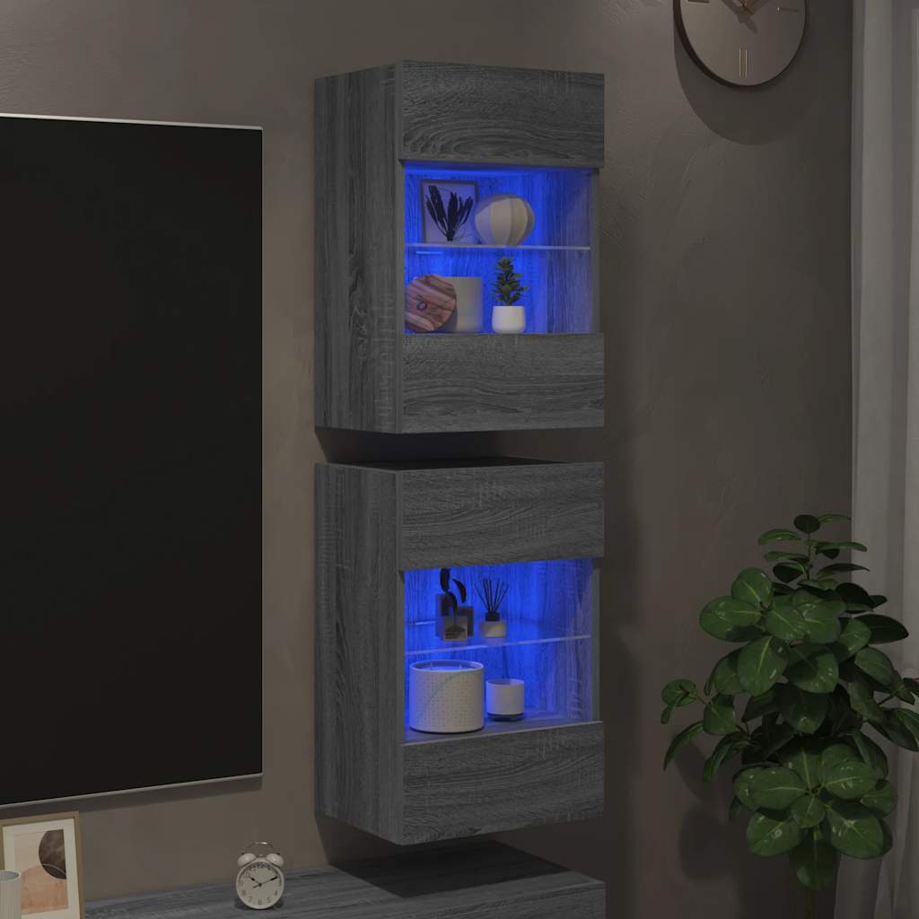 Nástenné skrinky s LED osvetlením pre TV 2 st grå sonoma 40x30x60,5 cm