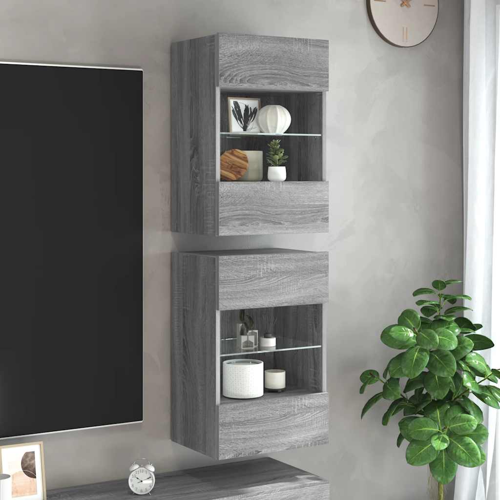 Nástenné skrinky s LED osvetlením pre TV 2 st grå sonoma 40x30x60,5 cm