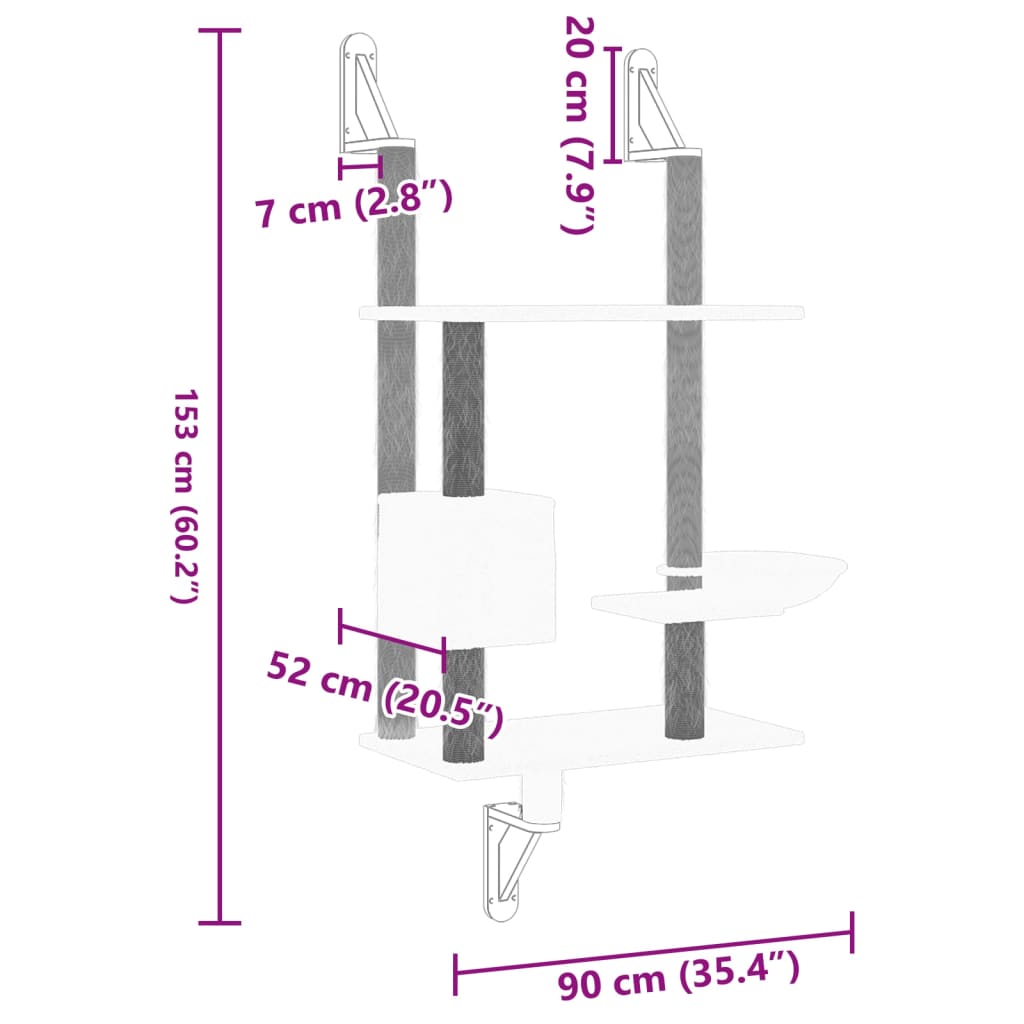 Kattmöbel Väggmonterat klösträd med klöspelare ljusgrå 153 cm