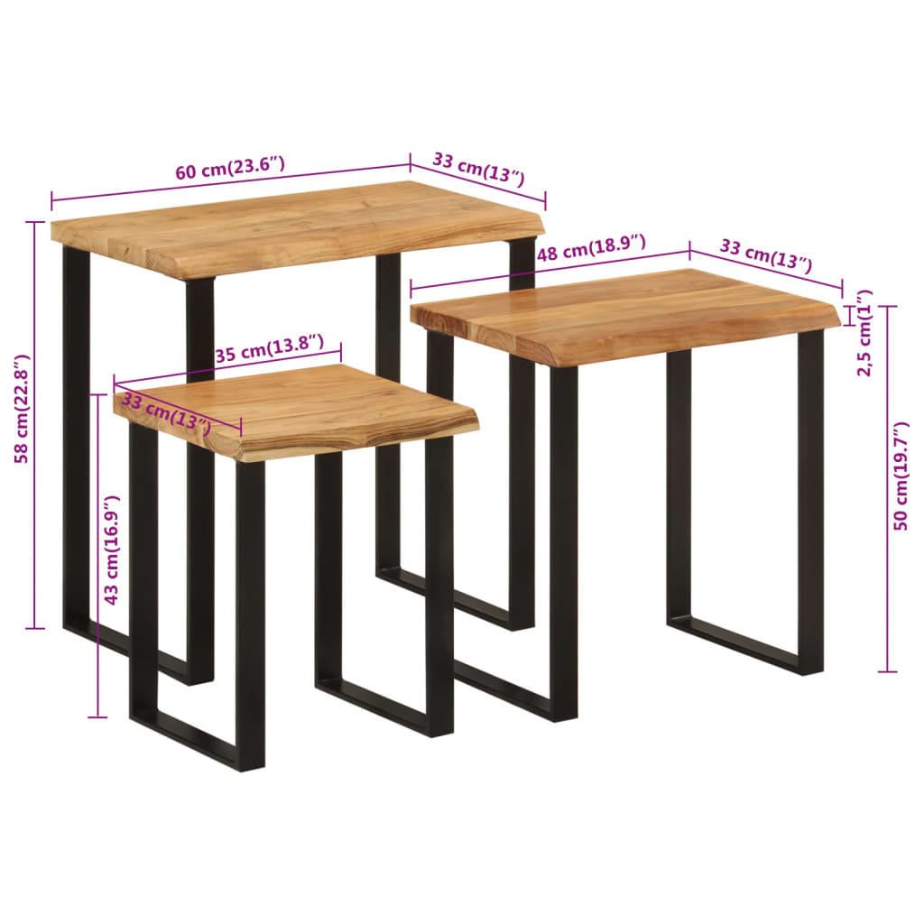 Sidobord Trä 3 st med levande kant massivt akaciaträ