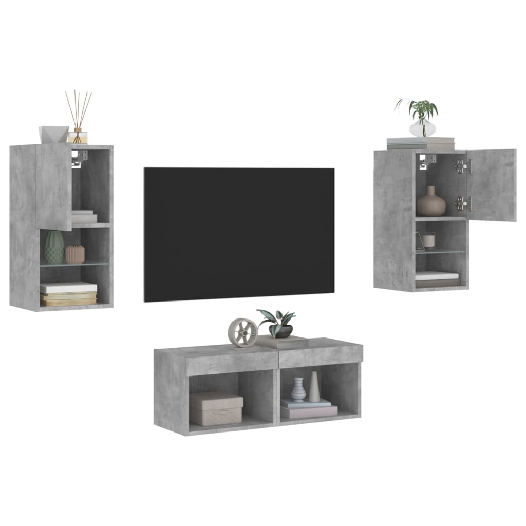 Väggmonterade TV-skåp 4 delar med LEDs betonggrå