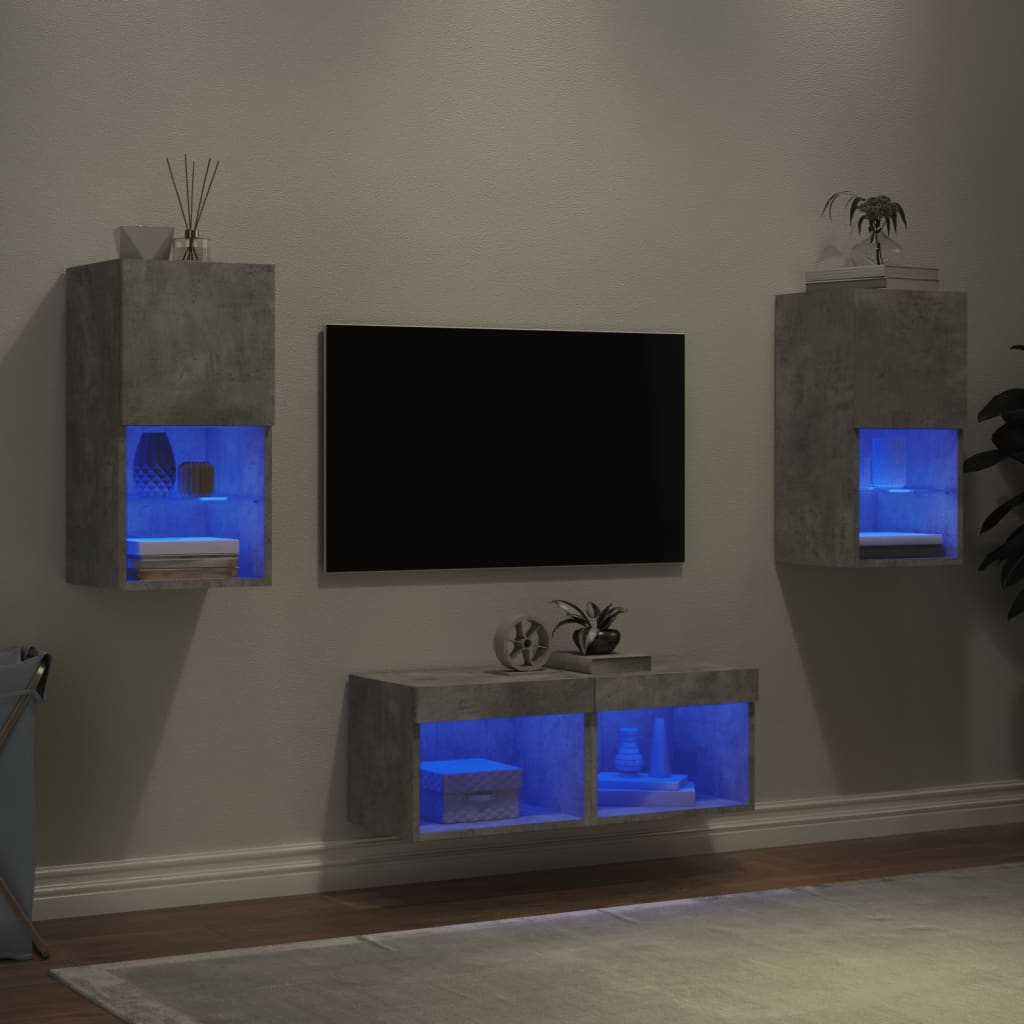 Väggmonterade TV-skåp 4 delar med LEDs betonggrå