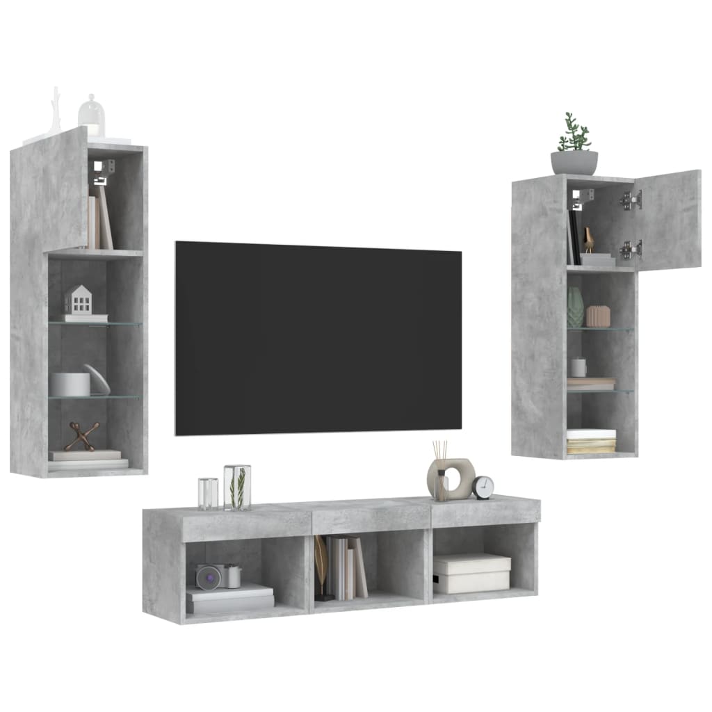 Tv-bänk 5 delar LED betonggrå konstruerat trä