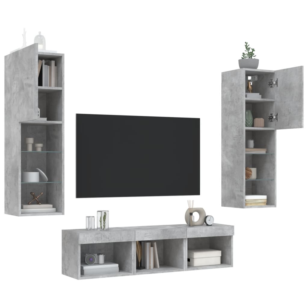 Tv-bänk 5 delar LED betonggrå konstruerat trä