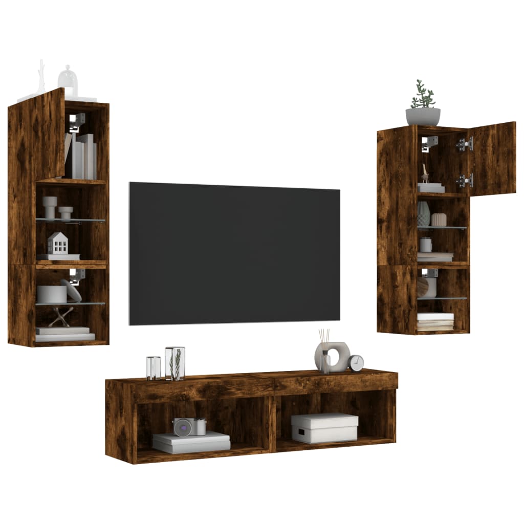 XXXXX Tv-bänk 6 delar LED rökfärgad ek