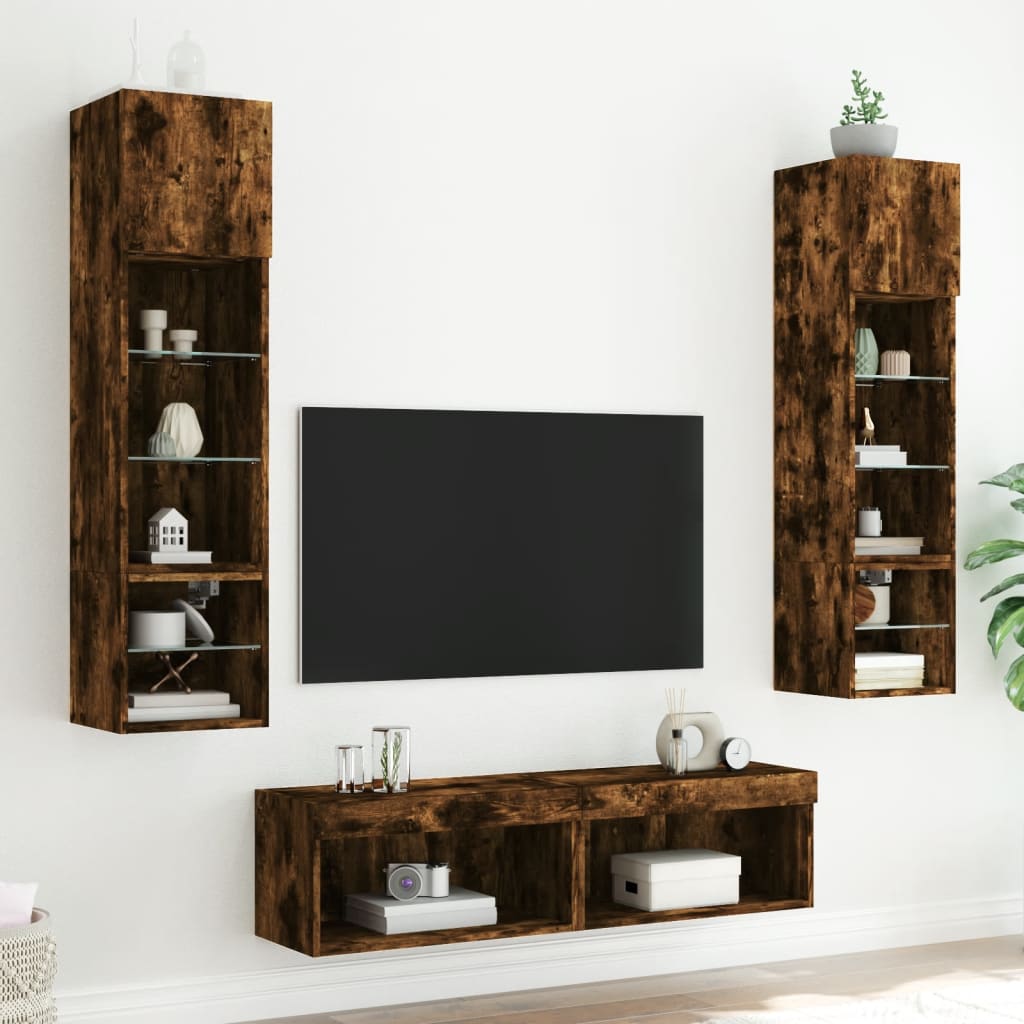 XXXXX Tv-bänk 6 delar LED rökfärgad ek