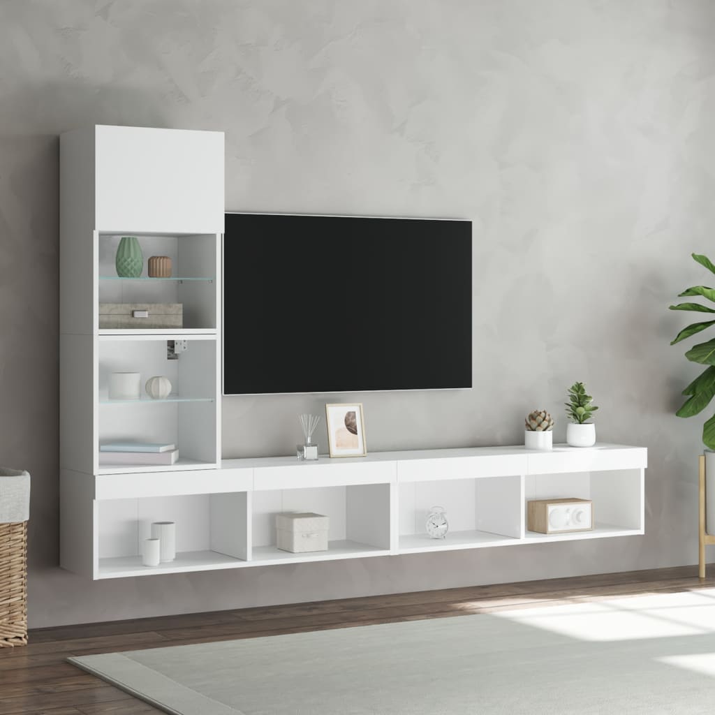 Tv-bänk 4 delar LED vit konstruerat trä