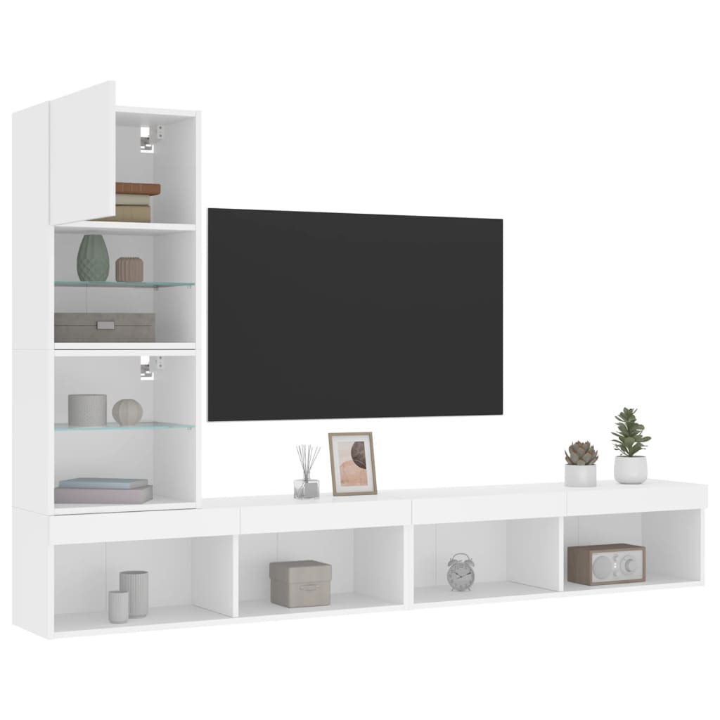 Tv-bänk 4 delar LED vit konstruerat trä