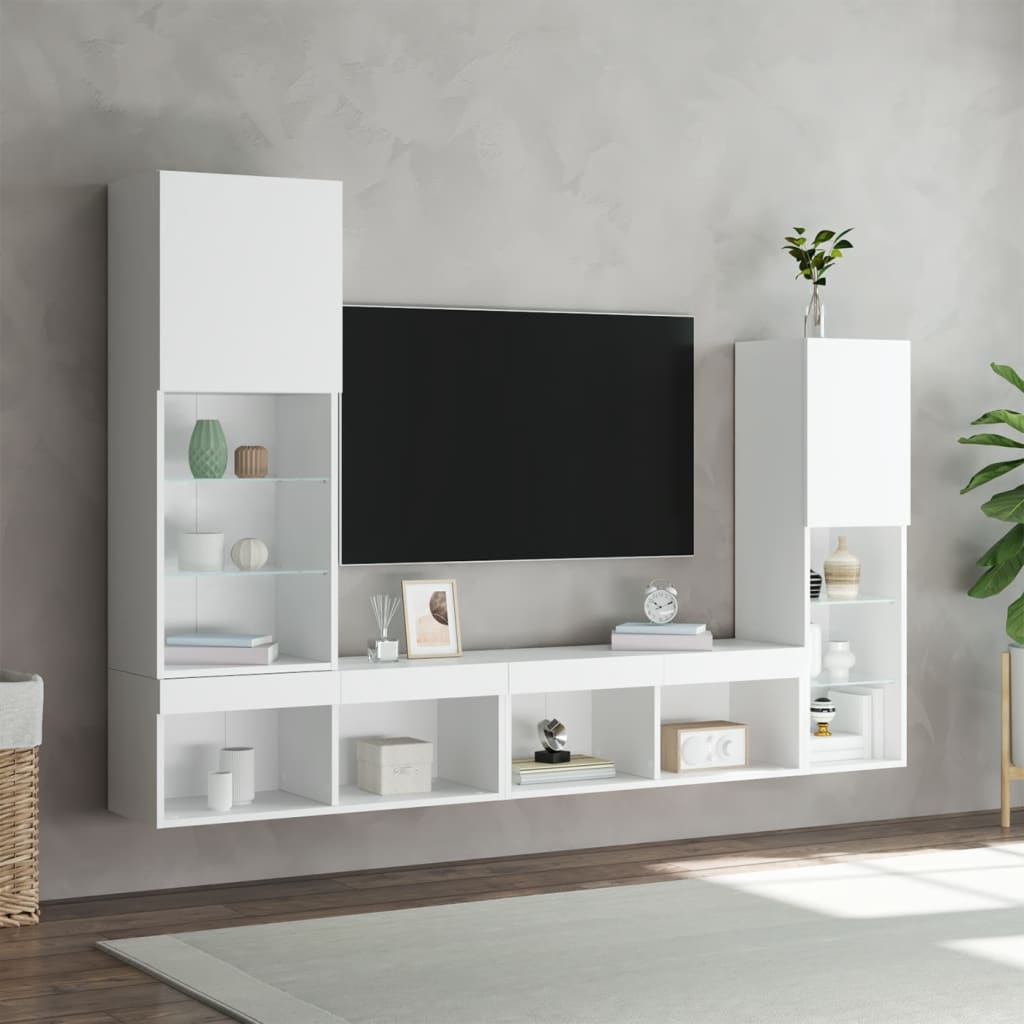 Tv-bänk 4 delar LED vit konstruerat trä