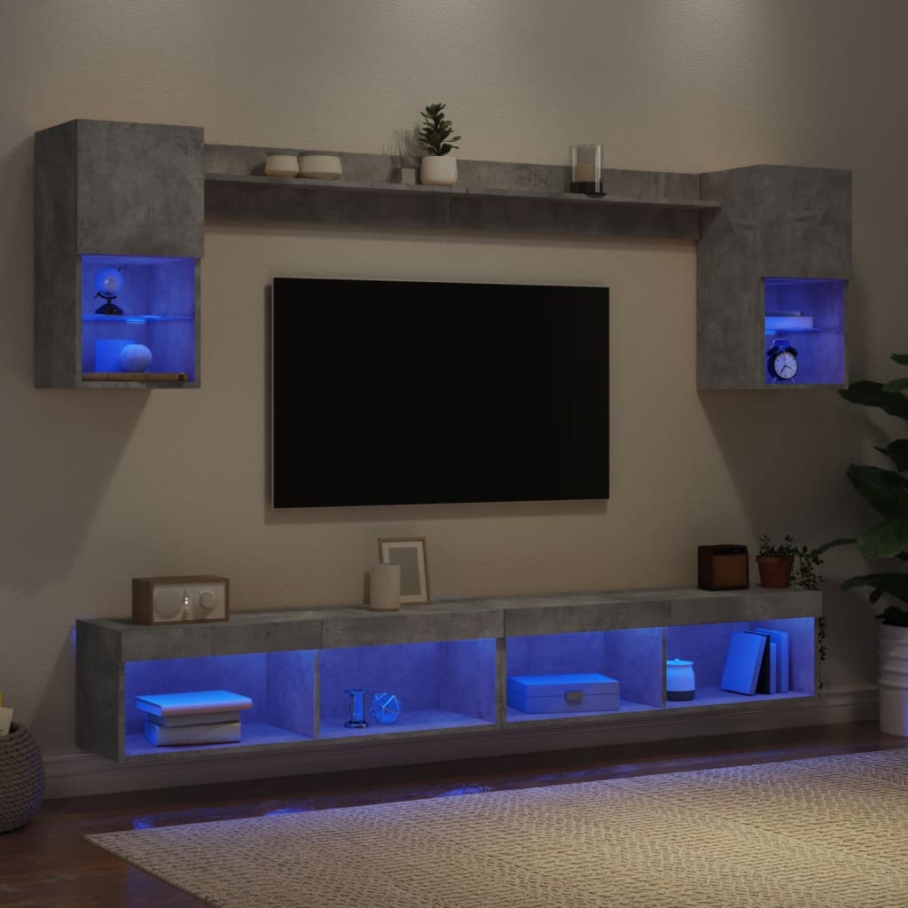 Tv-bänk 6 delar LED betonggrå konstruerat trä